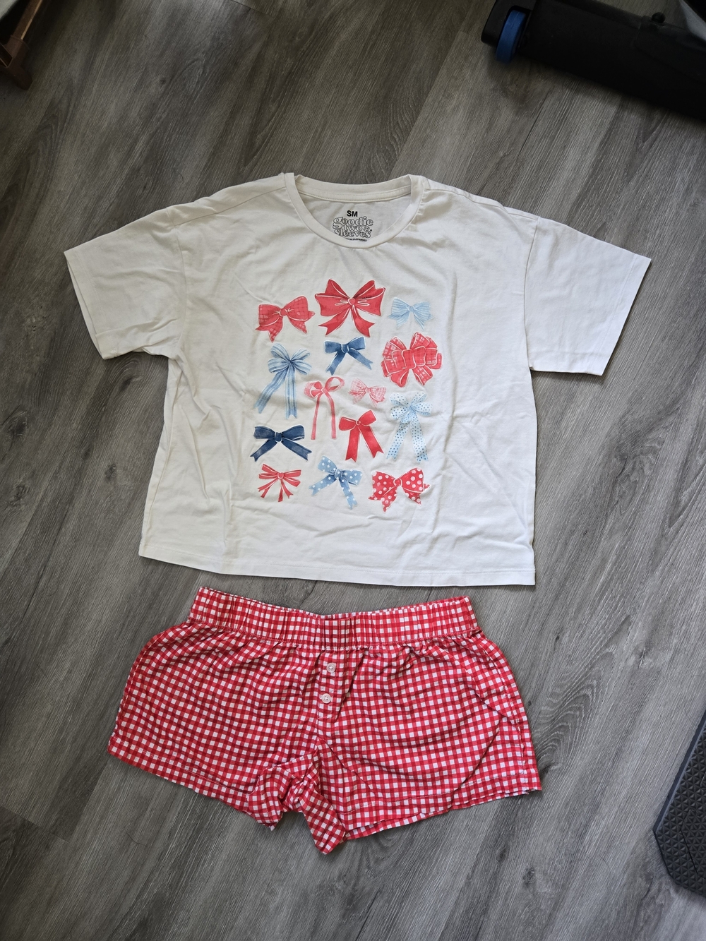 Goodie Two Sleeves White Bow Tee and Red Gingham Shorts Lounge Set